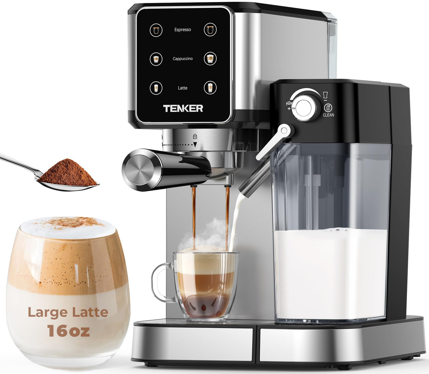 TENKER espresso machine in stainless steel with automatic milk frother, touchscreen control, 20-bar pressure for home or office use