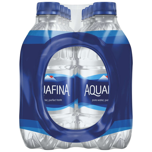 Eight 12 fl oz plastic bottles of Aquafina purified drinking water from BACKUPMYFILESNOW.COM® arranged in a pack.