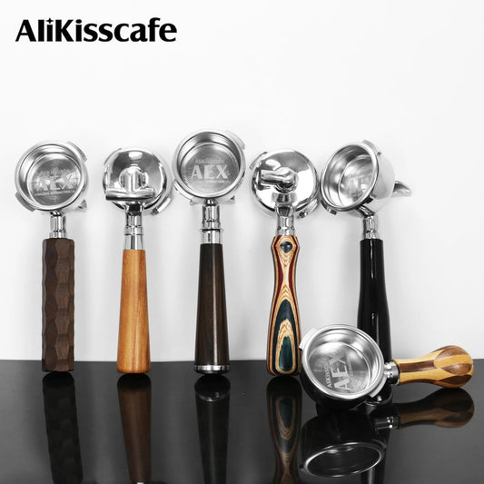 AliKisscafe 58mm coffee portafilter for Gaggia Classic Pro espresso machine, with double spout and stainless steel construction.