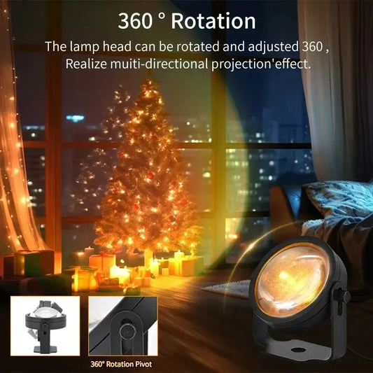 Tuya Smart Sunset Projector Lamp with RGB LED spotlight, remote control, and smart app for party, photography, and night light decor.
