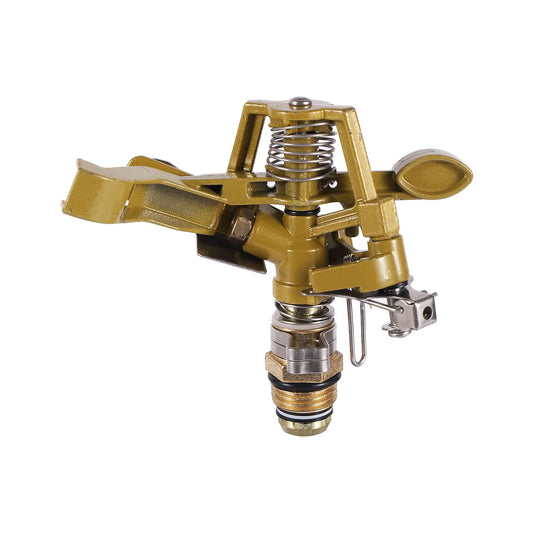 Garden rotating impact sprinkler with brass nozzle, 1/2" male thread, adjustable watering angle for lawn irrigation.