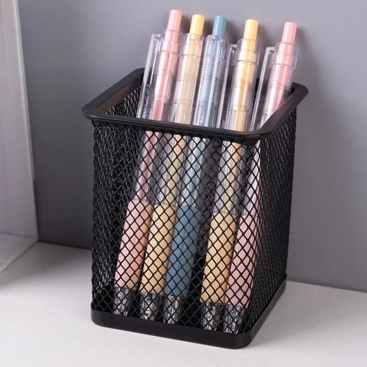 Black mesh home office desk organizer with compartments for pens, pencils, and accessories, featuring iron storage baskets.