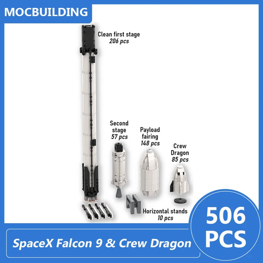 SpaceX Falcon Heavy 1:110 scale model building blocks by BACKUPMYFILESNOW.COM® displayed assembled as a creative educational space toy.