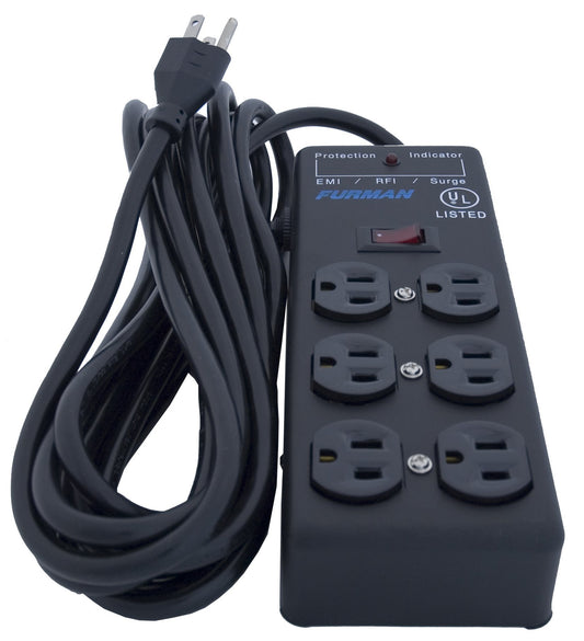 Black Furman Power Conditioner SS6B with multiple outlets, surge protection, and power filtering for reliable audio and electronic equipment.
