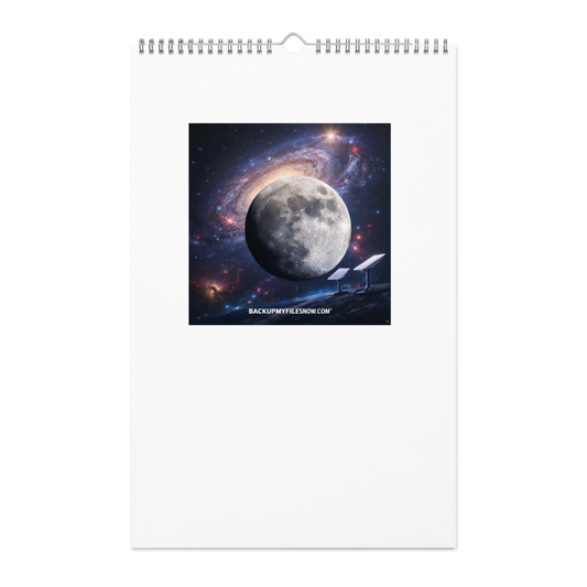2025 wall calendar from BACKUPMYFILESNOW.COM® featuring a weekly layout on a large white 11x8.5-inch page.