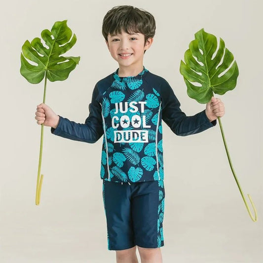 Baby boy swimwear set with quick-drying fabric and sun protection hat, suitable for ages 2 to 10 years, in bright colors.
