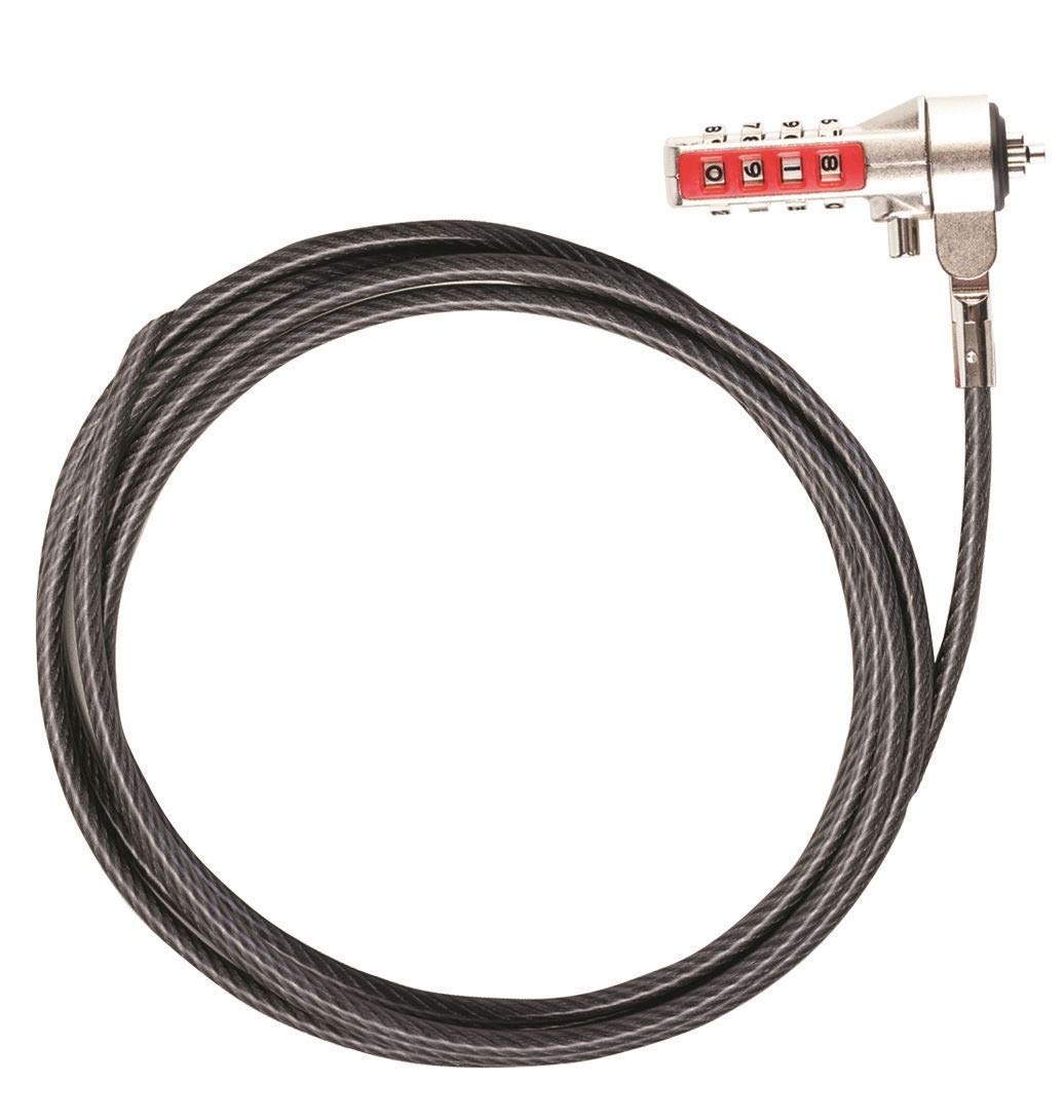 Targus DEFCON T-Lock serialized combo cable lock securing a laptop and desktop computer for security.