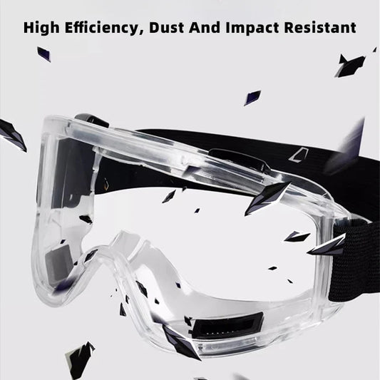 Clear anti-fog safety glasses with adjustable strap, designed for dust, splash protection, suitable for riding, skiing, and sports.