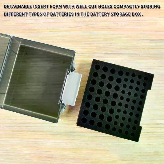 Transparent battery storage organizer holding 72 AA and AAA batteries, ideal for home drawer or garage organization.