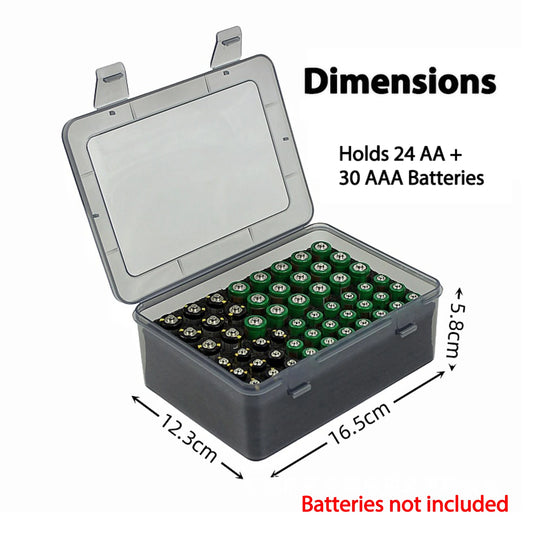 Black 54-slot battery storage case holding 24 AA and 30 AAA batteries, organized for home drawer or storage use.
