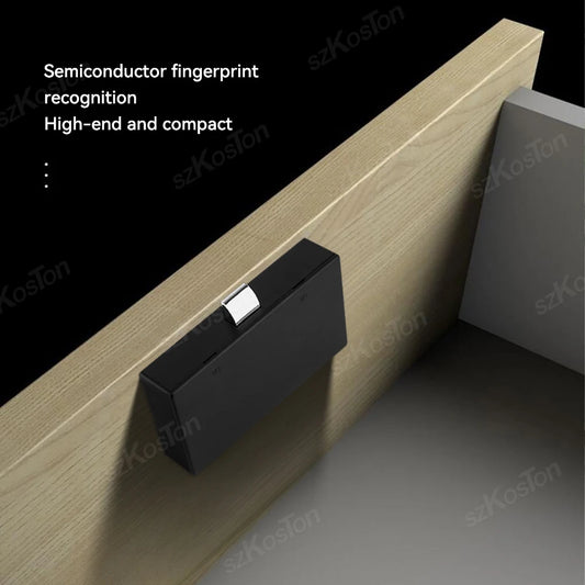 Smart home biometric fingerprint lock on hidden drawer for secure file storage and keyless residential security.