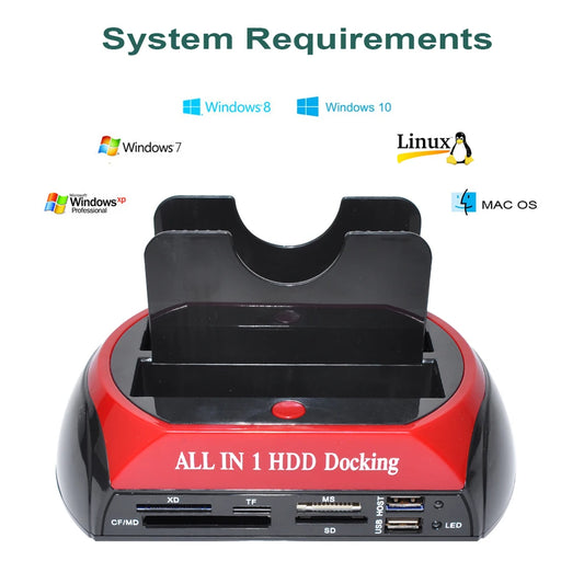 BackupMyFilesNow.com 2 IDE 1 SATA USB-C external hard drive docking station with one-touch backup and USB 2.0 ports for 2.5 and 3.5 inch drives.