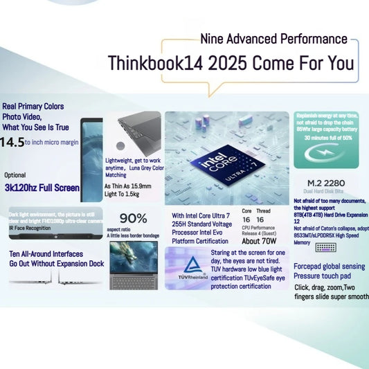 Lenovo ThinkBook 14+ Ultra 5 laptop with 32GB DDR5, 1TB SSD, 14.5-inch 120Hz display, featuring Intel Arc 130T graphics.
