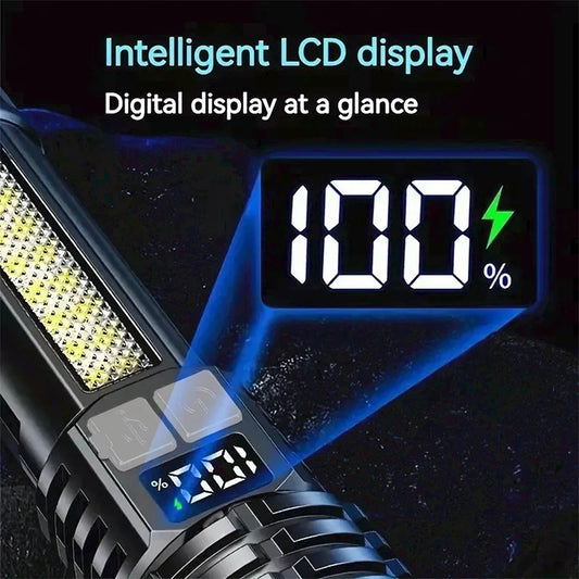 High power LED flashlight with Type-C rechargeable COB light and side torch, ideal for outdoor camping and hiking.