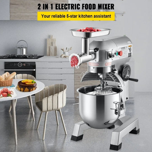 Commercial 20Qt stainless steel stand mixer with 1100W motor, 2-in-1 electric food mixer and meat grinder with 3 speed settings.