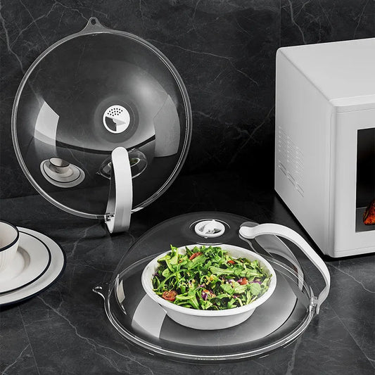 Transparent microwave splash cover with handle, steam vent, and high-temperature resistance for protecting microwave interiors.