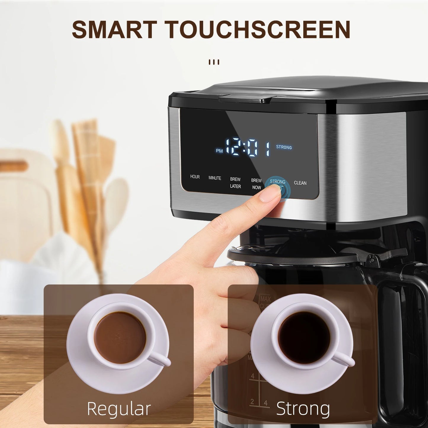 BackupMyFilesNow 12-cup programmable drip coffee maker with touch screen, iced coffee function, and regular or strong brew options.