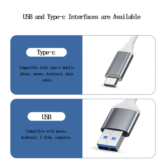 Gray USB 3.0 hub with 4 ports and Type-C splitter, high-speed data transfer up to 5Gbps for PCs and computer accessories.