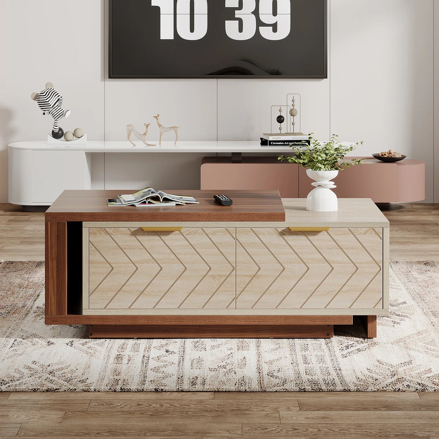 Extendable walnut and oak Tribesigns coffee table with adjustable length, reversible surface, and two storage drawers.