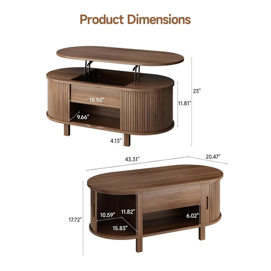 Walnut 43.3-inch oval lift-top coffee table with hidden compartment, fluted wood design, sliding door, customized storage.