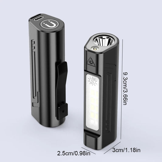 Infrared LED flashlight with pen clip, magnetic base, USB charging, long-lasting battery, and emergency warning light for outdoor use.