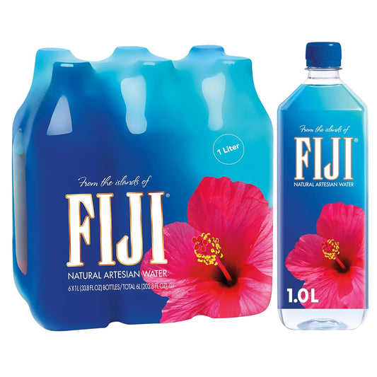 Six 1-liter bottles of Fiji Natural Artesian Water from BACKUPMYFILESNOW.COM® in clear plastic bottles with Fiji logo and water inside.