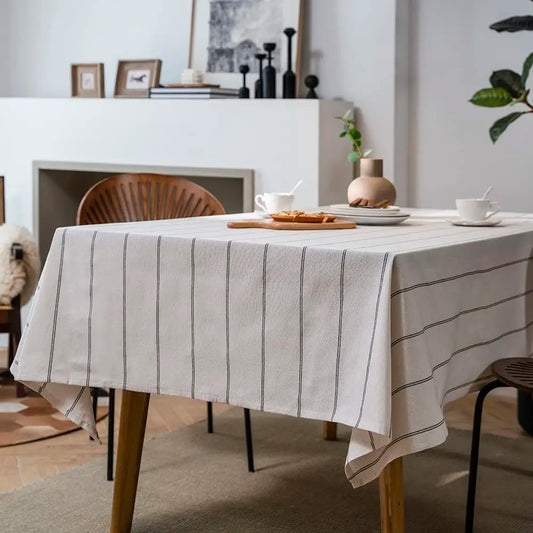 White cotton linen boho farmhouse table cloth with burlap striped pattern, washable heavy fabric for kitchen or picnic rectangle tables.