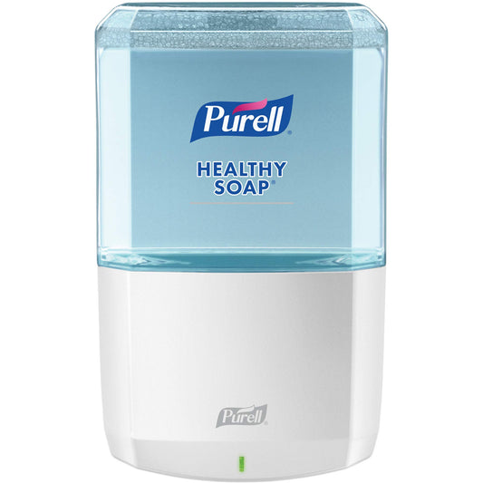 White PURELL ES6 touch-free hand soap and sanitizer dispenser measuring 12.1" x 5.3" x 8.6" with sleek design.