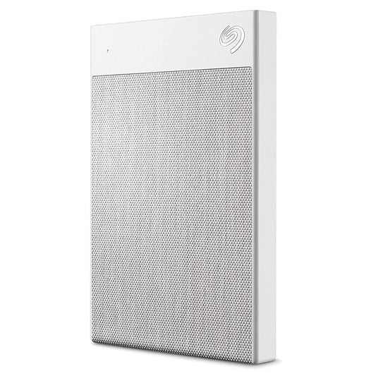 Seagate Backup Plus Ultra Touch 1TB external hard drive in white with USB-C and USB 3.0 ports, renewed condition.