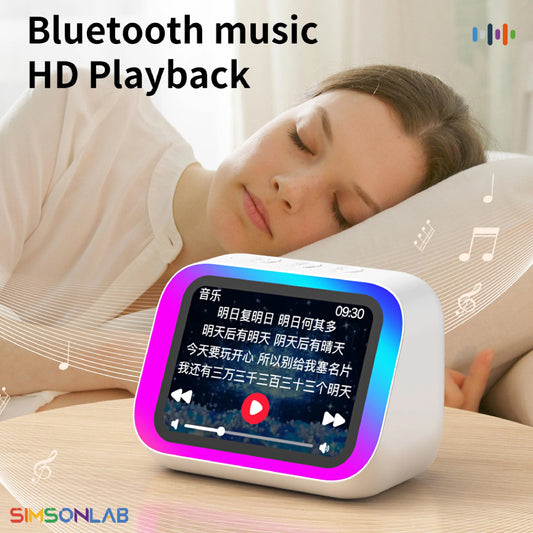 White 2026 Smart Speaker with screen, voice assistant, Bluetooth, and photo album display, ideal for smart home use.
