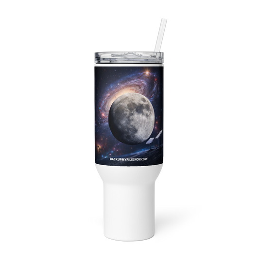 White 25 oz travel mug with handle by BACKUPMYFILESNOW.COM®, featuring a sturdy design for hot and cold beverages.