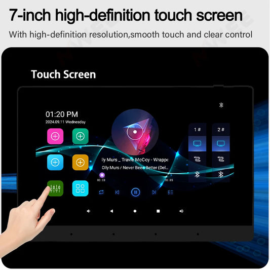 Smart Audio touch screen control panel with Android 11, Wi-Fi, Bluetooth, and 8x30W ceiling speakers for wall mounting.