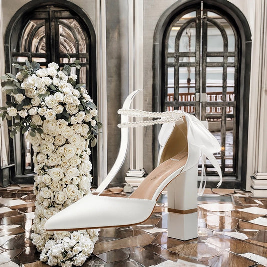 White women's bridal wedding high heel sandals with chunky heel, designed for spring, summer, and autumn occasions.