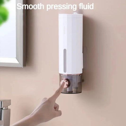 White BackupMyFilesNow.com 450ml non-perforating soap dispenser with wall hanger, suitable for hand sanitizer, shower gel, or shampoo.