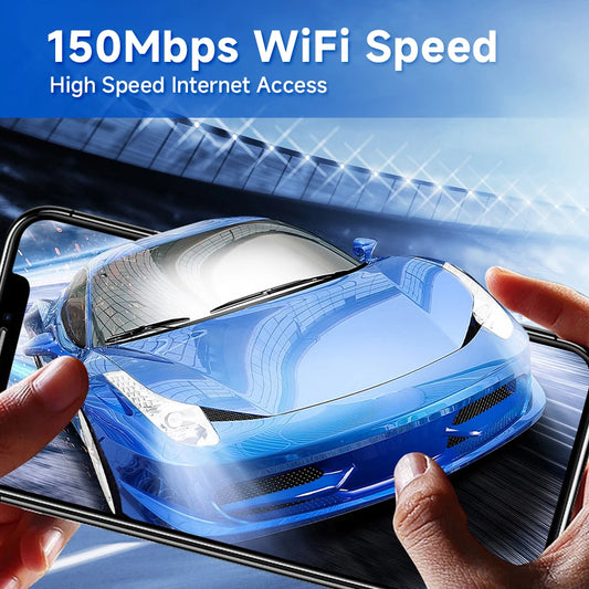 White BackupMyFilesNow 4G LTE portable WiFi router with SIM slot, 6000mAh power bank, outdoor hotspot, and 150Mbps speed.