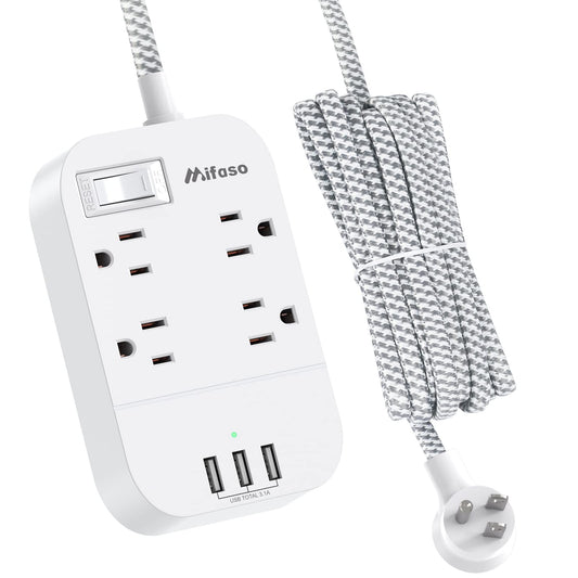 White 5-ft dorm room extension cord with power strip, USB ports, flat plug, wall mountable, overload protection, for home office use.