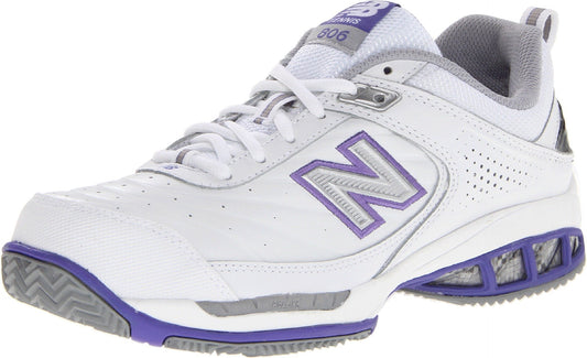 White New Balance women's 806 V1 tennis shoe in size 7.5 wide, featuring a supportive athletic design.