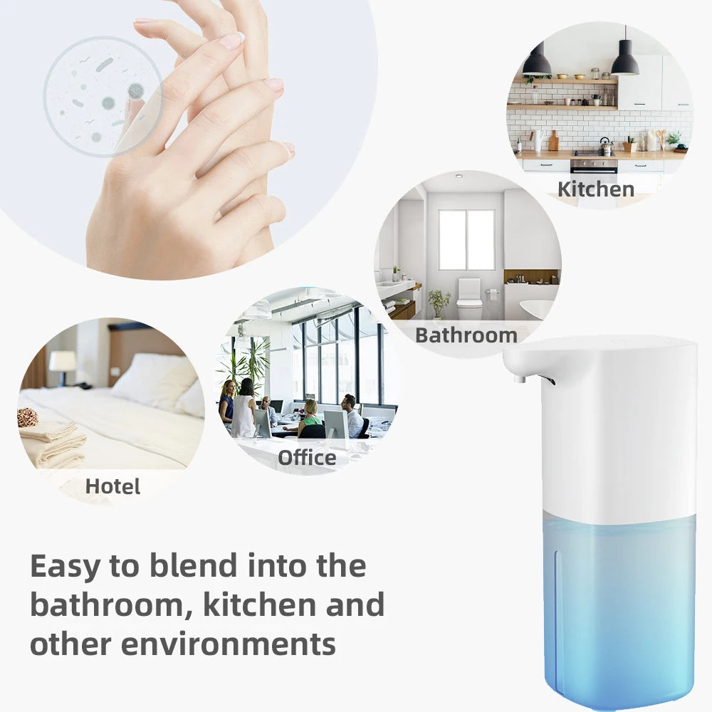 White automatic inductive soap dispenser for foam hand washing and alcohol spray, suitable for smart phone cleaning.