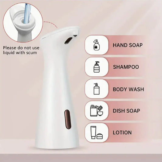 White automatic sensor hand sanitizer, dish soap, and body wash dispenser with smart distance sensing for kitchen and bathroom use.