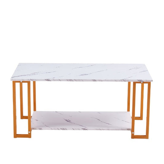 White two-layer coffee table with 1.5cm thick marble MDF tabletop and iron frame, modern rectangular design.