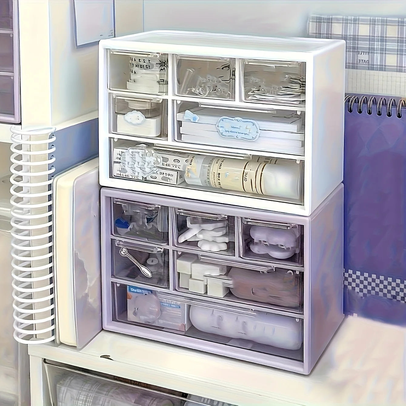 White desktop organizer with six drawers, spacious multifunctional container for office supplies, stationery, and dorm essentials.