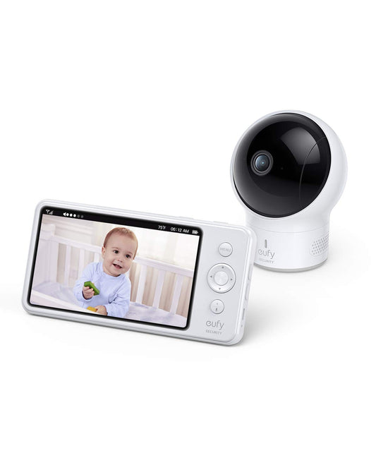 Eufy Security SpaceView Pro Baby Monitor with 5-inch screen, two-way audio, 720p camera, pan & tilt, night vision, no app needed.