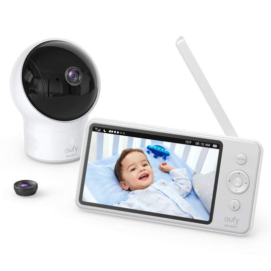 Eufy Security Spaceview Video Baby Monitor E110 with camera, 720p HD, night vision, 5" display, wide-angle lens, lullaby player, sound alert.