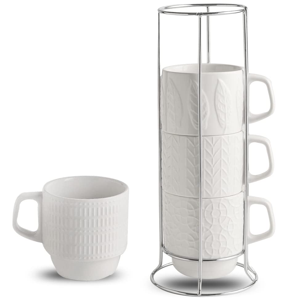 Set of four white KOOV ceramic coffee mugs with stand, 16 oz capacity, stackable large mugs for coffee, tea, or cocoa.