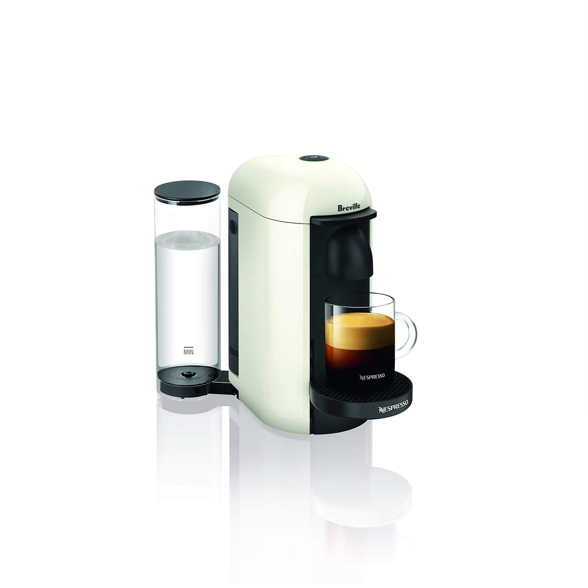 White Nespresso VertuoPlus coffee and espresso machine by Breville, shown with sleek design and user-friendly interface.