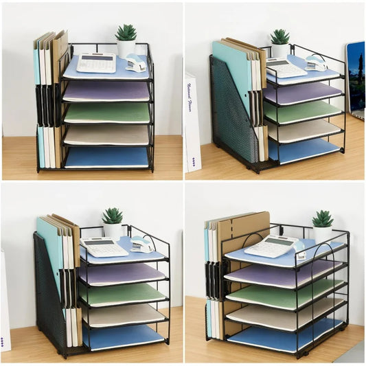 White multi-layer file rack for office desk, holding documents, folders, and office supplies for organized storage.