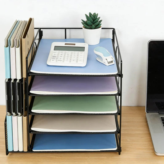 White paper file holder and desktop document organizer with multi-layer design for office storage and archiving.