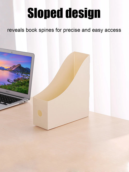 White plastic desktop file organizer with adjustable shelves, ideal for student and office document storage and organization.