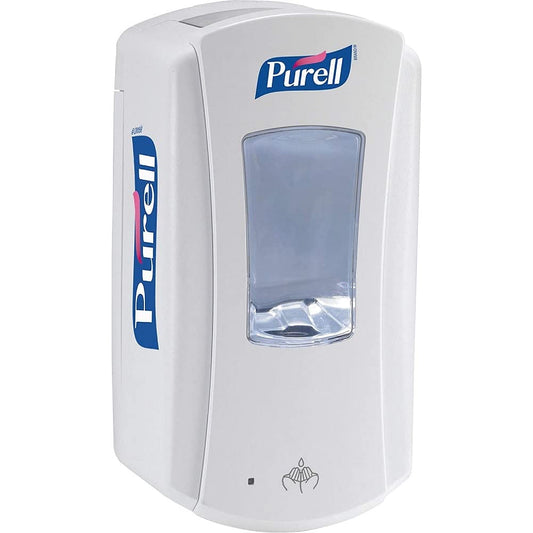 White PURELL LTX-12 touch-free hand sanitizer dispenser with 1200 mL refill for contactless sanitizing in public and office spaces.
