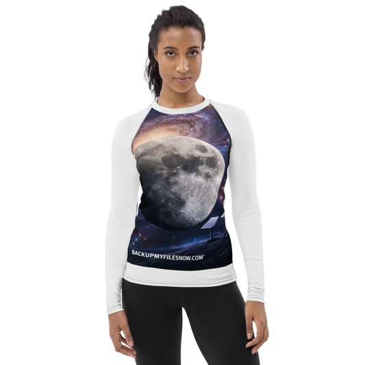 White all-over print women's rash guard by BACKUPMYFILESNOW.COM®, featuring a sleek design suitable for swimming and sun protection.